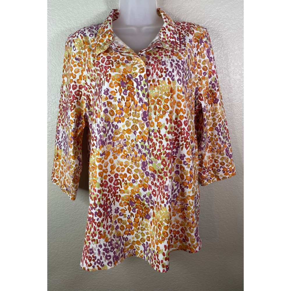 Chicos 2 US L Button Up Shirt Orange Leopard Chic Stretch No Iron 3/4 Sleeve